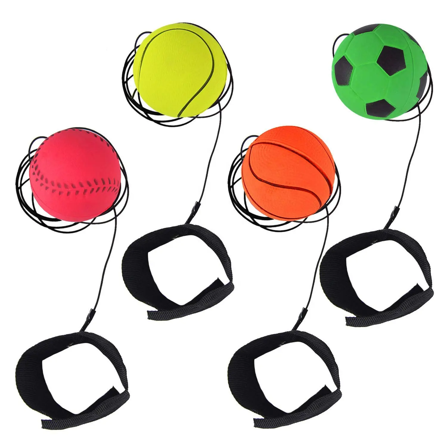 ลูกบอลข้อมือหลากสีสายรัดข้อมือลูกบอลกีฬาบนเชือกของเล่นเด้งกลับยางของเล่นสำหรับเด็กผู้ชายเด็กผู้หญิง