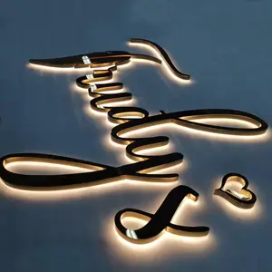 Открытый 3d зеркало золотистого цвета циркуляционного жёлоба из нержавеющей логотип салон знаки со светодиодной подсветкой буквы
