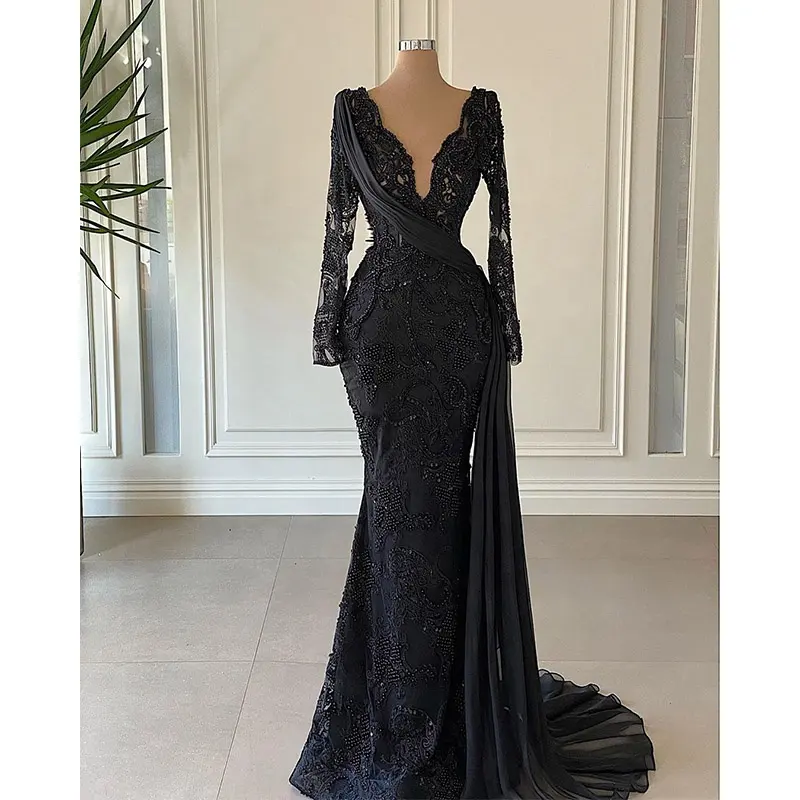 2021 Mermaid Design Lady Sexy Bodycon Heavy Lace beading Elegant Party Long Black Evening Dress