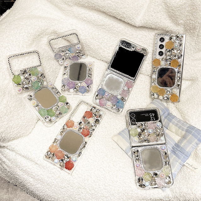 Korean Ins Style Flower Rhinestone Mirror Tpu Luxury Women's Mobile Phone case for samsung galaxy Zflip 6 Fold5 W24flip 4