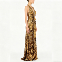 Robe de soirée formelle glamour dorée à sequins, col halter, décolleté plongeant en V, taille ornée de fleurs 3D, longueur ras du sol, pour femme, sur mesure