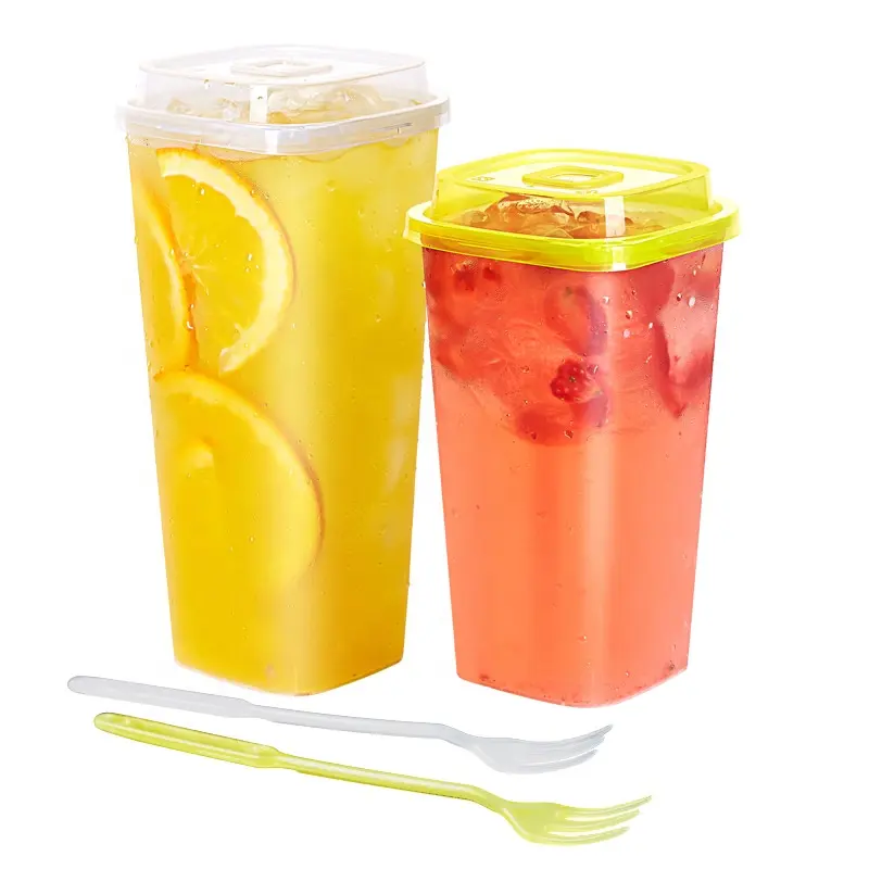 डिस्पोजेबल फल कप ढक्कन के साथ स्पष्ट वर्ग प्लास्टिक के कप और कांटा