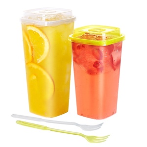 Disposable fruit cup clear square plastic cups with lid and fork