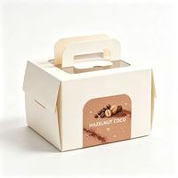 Boîte d'emballage pour gâteau en carton ivoire sur mesure, entièrement imprimée en couleur, faite à la main, biodégradable, avec fenêtre transparente et poignée