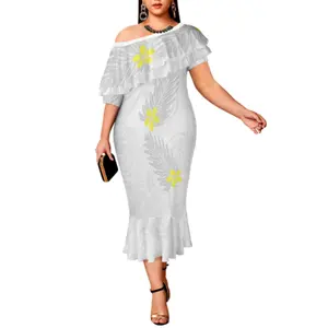 Vestido de sereia estilo tradicional polinésia, vestido para o verão branco cinza puro elegante rabo de peixe