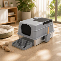 Bac à litière pour chat rectangulaire de grande capacité, design ouvert, facile à nettoyer, gris clair, acier inoxydable, 144L, XXXL