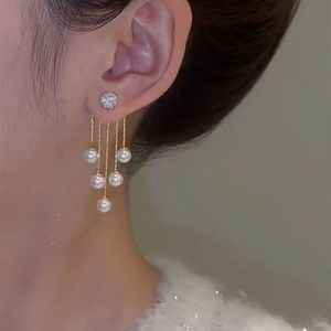 Boucles d'oreilles élégantes et exquises à pampilles de perles, boucles d'oreilles de luxe en or et zircon, boucles d'oreilles pendantes en strass et diamants, accessoires pour femmes - Product Image 3