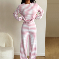 Pyjama en coton rayé doux à manches longues en modal personnalisé, vêtements de détente, col rond, pyjama en bambou pour femmes, ensemble