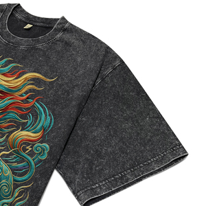 T-shirts graphiques surdimensionnés personnalisés en coton noir délavé avec motif lion oriental, style streetwear vintage pour hommes, manches courtes - Product Image 3