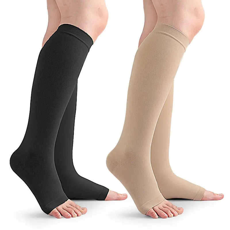 Dedo aberto varizes estoque Leg Compression Calf Sleeves 23-32mmHg enfermeira nua médica graduada compressão meias