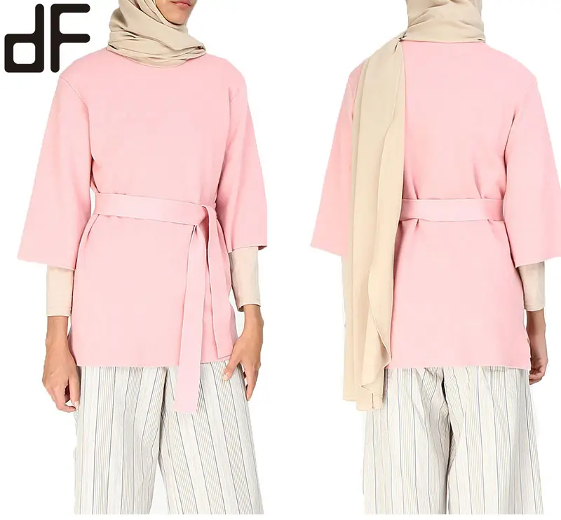 OEM 사용자 정의 핑크 벨트 패션 절단 블라우스 디자인 튜닉 이슬람 여성 정장 정장 사무실 레이디 착용 블라우스