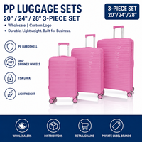 Ensemble de valises rigides en PP rose à coque côtelée, avec poignée latérale, certifié usine, pour vente au détail