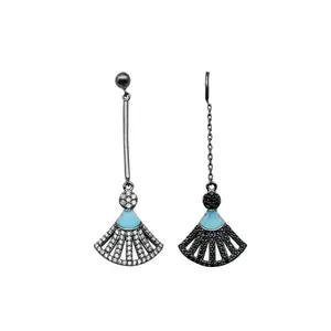 Silver Sterling 925 Fan Shape Long Drop Enamel Earrings Unique Black Rhodium Turquoise Women Earring