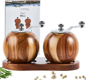 Moulin manuel à sel et poivre en bois d'acacia, boule ronde rechargeable, avec mécanisme de broyage en céramique dure pour épices et graines