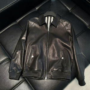 Chaqueta Bomber Slim de Cuero Genuino para Hombre, Cuello Alto, Cierre de Cremallera, Estilo Motero, Color Sólido, Otoño, Largo Regular, MANWA - Product Image 1