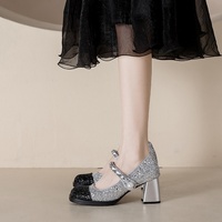Französischer Retro-Stil Damen High Heels mit 3cm Absatz Mary Jane aus Leder mit Perlen und Farbkontrast