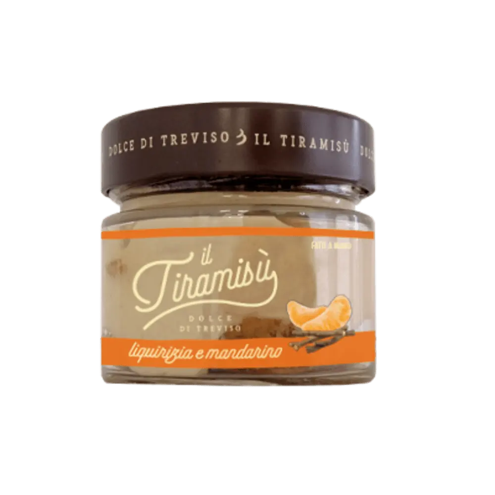 Tiramisu traditional dessert from Treviso licorice and tangerine flavor made in Italy packaged in glass jar frozen product