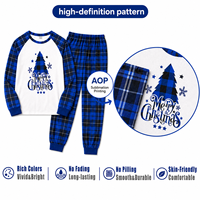 Ensemble de pyjamas personnalisés de Noël à carreaux bleus, manches raglan, taille élastique, pour toute la famille, en polyester, pour hommes, femmes et enfants