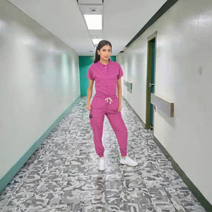 Ensemble de blouses médicales unisexe rose personnalisé OEM à manches courtes, uniforme d'hôpital en coton et polyester tricoté, détection des aiguilles, fusion sans couture - Product Image 2