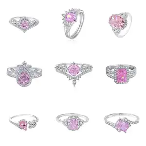 Anillo de joyería al por mayor para mujer, anillo abierto con corte de Flor de hielo 5a, anillo de compromiso de diamante de alto carbono rosa, anillo de Plata de Ley 925 para boda