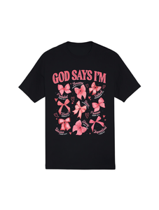 Maglietta da Donna 'God Says I'M Coquette' con Fiocco, Camicia Cristiana a Maniche Corte, Collo Tondo, 100% Cotone, Stile Casual San Valentino - Product Image 1
