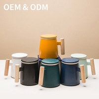 Mug à thé en céramique personnalisé avec poignée en bois massif, mug à thé en grès avec couvercle et infuseur, mug avec passoire à thé