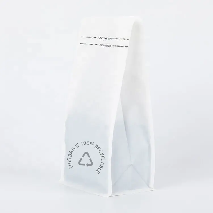 Sacchetto di plastica PE laminato stampa personalizzata 250g 500g 1kg sacchetto di caffè a fondo piatto riciclato bianco opaco con valvola