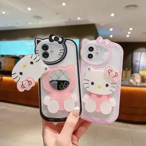 Nieuwe Ontwerpen Hello Cute Kitty 3d Kat Make-Up Spiegel Mobiele Tpu + Pc Telefoon Hoesje Voor Iphone 15 14 13 12 11 Pro Max Met Houder