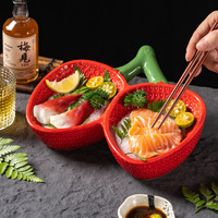 Dingyue Plat de service en céramique et porcelaine à deux compartiments, motif fraise rouge rose vif, pour sashimi, plats froids et fruits