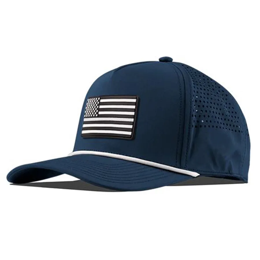 Sombrero de papá estructurado de 5 paneles personalizado, gorra de golf azul oscuro de poliéster, gorras deportivas cortadas con láser, gorra de béisbol con parche de PVC impermeable