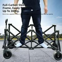 Grand chariot de vente pliable en métal avec roues tout-terrain pour camping et vente de rue, ensemble trois pièces grand format ; plateau réglable en hauteur