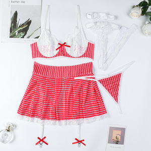 New Bow Patchwork Lace Embroidery Half Skirt Lingerie Set Sexy V Neck Backless Bra Brief Set - Product Image 6