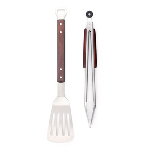 Juego de 2 Utensilios para Barbacoa con Mango de Roble, Acero Inoxidable, Multifuncional, para Acampar al Aire Libre - Product Image 1