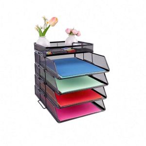 4 Tier <b>Mesh</b> in Tray Stackable Office Desk Tidy File Holder with <b>Top</b> Stationery Holder Paper Document Letter Trays - Product Image 1