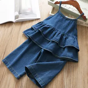 wholesale cheap yiwu 2019 spring summer Korean girls denim sling tops plus wide leg pants two pieces new children clothing set