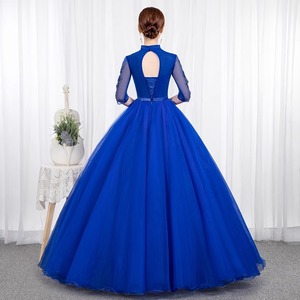 Blue Tulle Ball Gown V-neck Empire Waist Floral Print Evening Dress for Women - Product Image 3