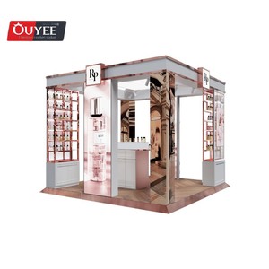 Conception de kiosque d'exposition de centre commercial 3D Kiosque de beauté au détail Étagère de présentation cosmétique à thème <span class=keywords><strong>rose</strong></span> Kiosque de centre commercial de parfum de luxe - Product Image 1