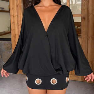 Robe en maille à col en V profond avec découpes ajourées, robe moulante à manches longues pour femme, taille cintrée, coupe ajustée, style Y2K rétro décontracté - Product Image 3