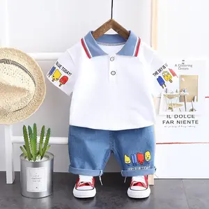 Toddler Kids Denim Shorts Jeans Cotton Polo T Shirts Clothing Set 2 Piece Track Casual Formal Sweat Suits for Children Boys