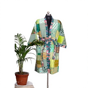 Bata Kimono de Mujer con Parches, de Algodón y Fibra de Bambú, Manga Tres Cuartos, Cuello Mandarín, Largo hasta la Rodilla, Estilo Casual de Verano con Cinturón - Product Image 1