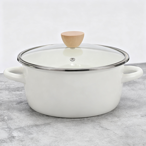 Casserole en émail blanc anti-débordement de qualité alimentaire personnalisée de 20 cm, casserole coréenne simple à double oreilles, casserole à soupe en émail avec <span class=keywords><strong>couvercle</strong></span> en <span class=keywords><strong>verre</strong></span> - Product Image 1