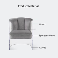 Fauteuil de salle à manger moderne en acrylique avec assise en velours, accoudoirs transparents, base et dossier cannelé, idéal pour appartement, fauteuil d'appoint design