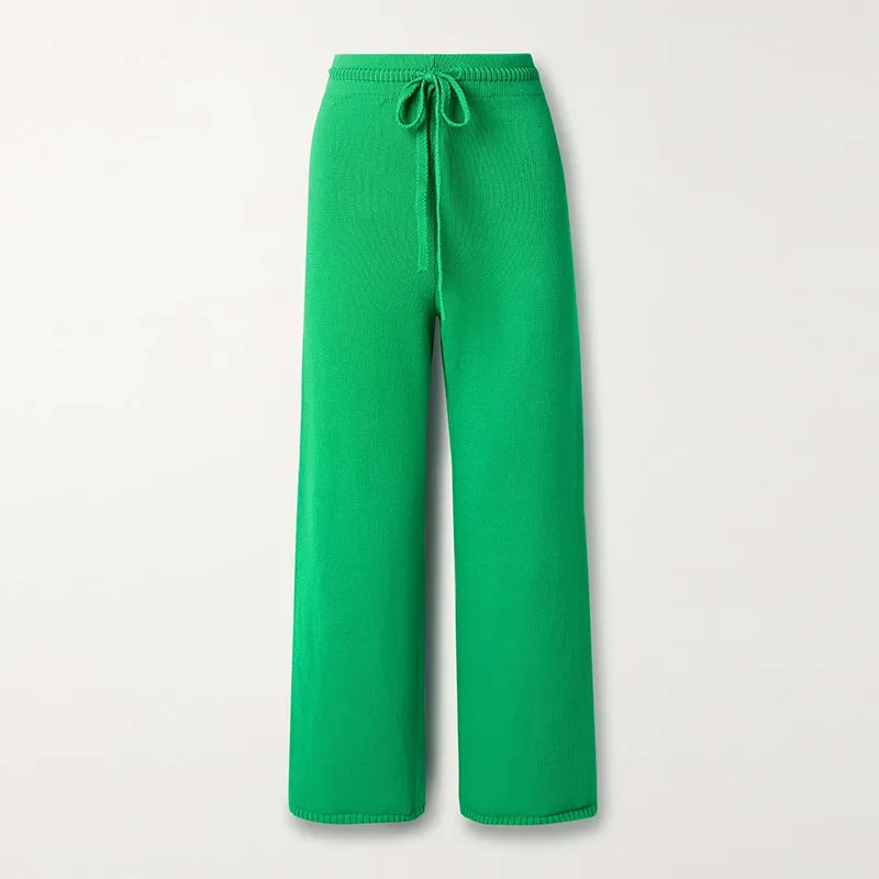 Green cotton-blend wide-leg pants elasticated waist slip-on knitted pants