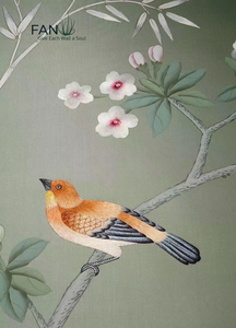 Hand-painted and Embroidered Peony <strong>Wallpaper</strong> with a Light <strong>Green</strong> <strong>Background</strong> - Product Image 4