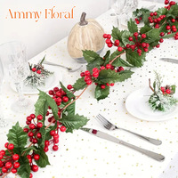 AM-FDAB04 Ammy 100/175cm Yapay Noel Yaprakları Kırmızı Meyvelerli Asma Çelenk Ev Dekorasyonu Noel Dekoratif Asma Çelenk