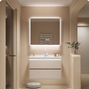 Cream style modern minimalist intelligent lighting storage <b>mirror</b> cabinet ceramic basin wall mounted bathroom cabinet - Product Image 2