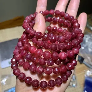 Gelang Manik-manik Rubi Alami 8Mm Bulat Bersegi untuk Perhiasan Wanita