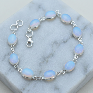925 <b>Sterling</b> <b>Silver</b> Rhodium-Plated Bezel Setting Opalite Vintage Charm <b>Bracelet</b> for Everyday Wear - Product Image 3