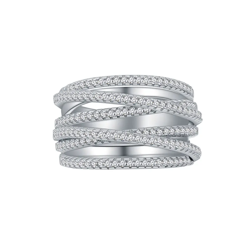 Zircon đồ trang sức mỹ sang trọng S925 Sterling bạc đầy đủ kim cương Micro Pave Twist đa Hàng Cubic Zirconia Nhẫn đính hôn