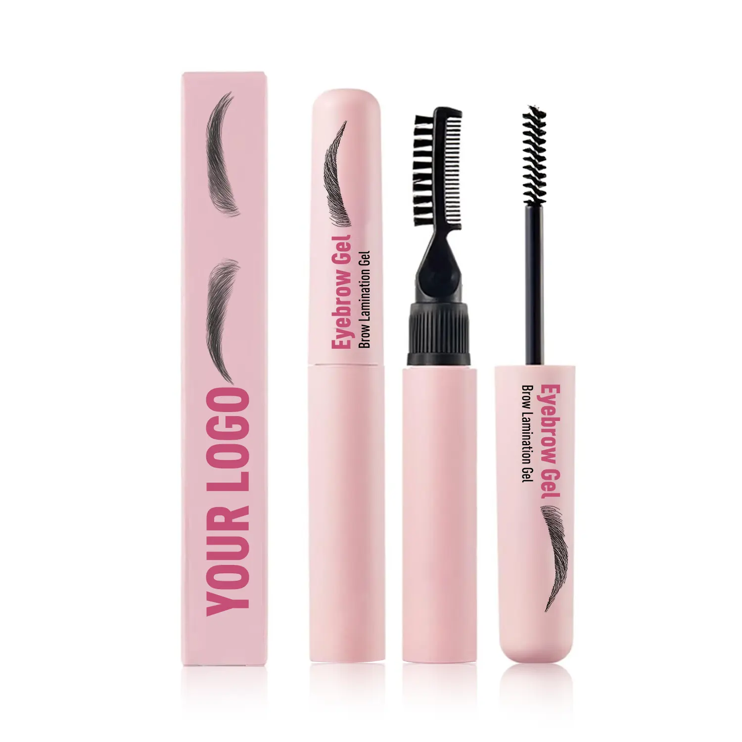 Vente en gros de mascara végétalien pour les sourcils, logo personnalisé en fibre, imperméable, maintien solide, gel transparent pour les sourcils, gel pour les sourcils de marque privée avec brosse